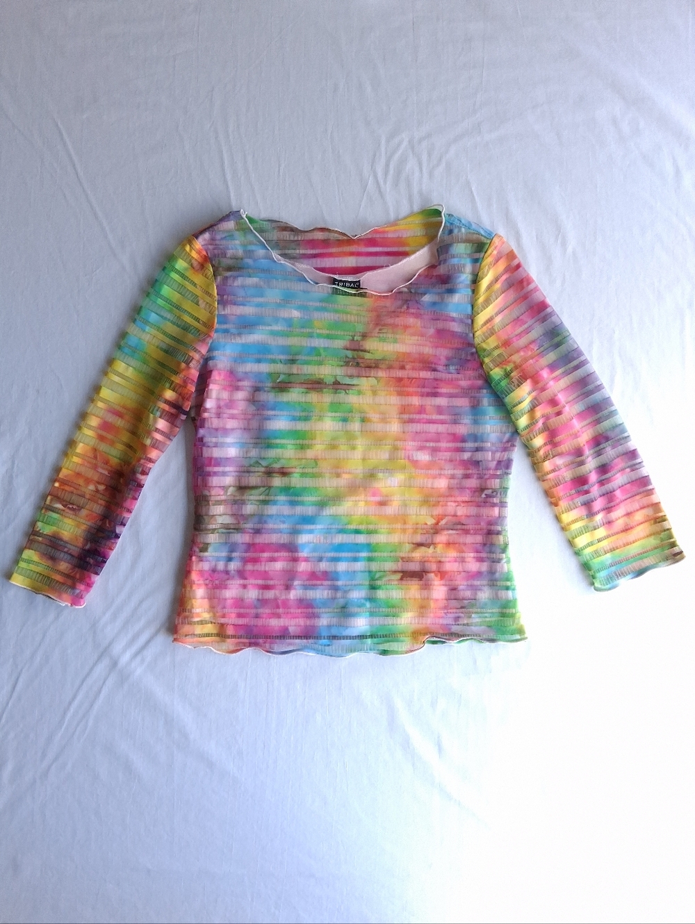 Tribal shirt tie dye rainbow sheer striped lettuce hem layered crop
